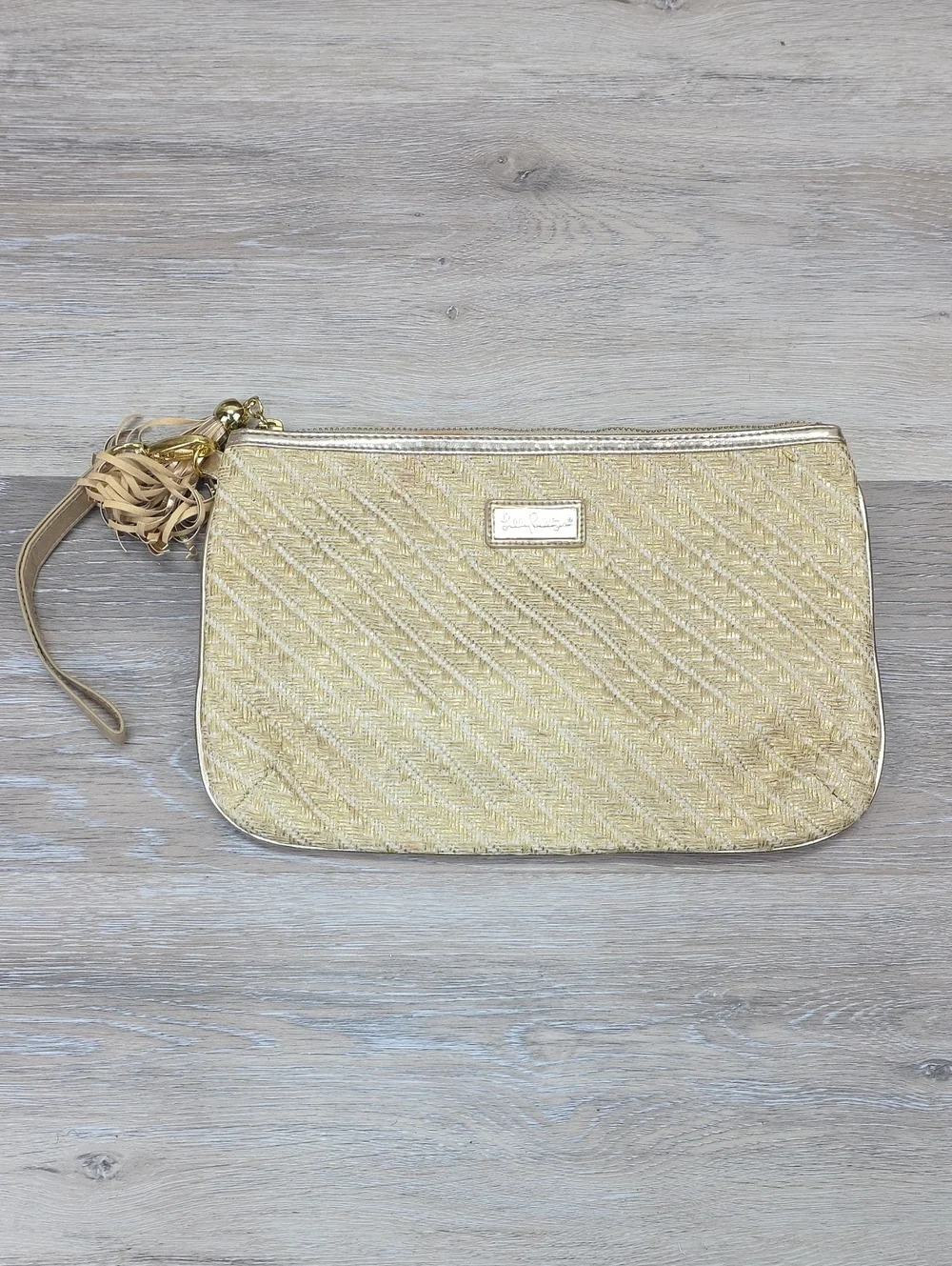 Lilly Pulitzer Gold Woven Straw Wristlet Clutch Bag Tassel Zip Resortwear